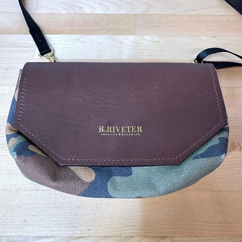 R. Riveter American Handmade Camo Canvas and Brown Leather Crossbody Bag